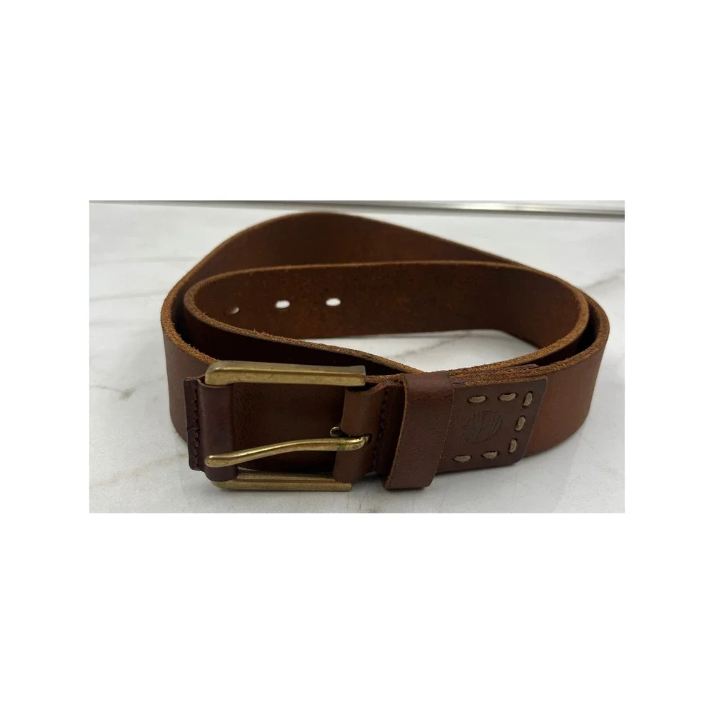 Timberland Mens Brown Genuine Leather Belt Brass Buckle Whipstitch Size 36